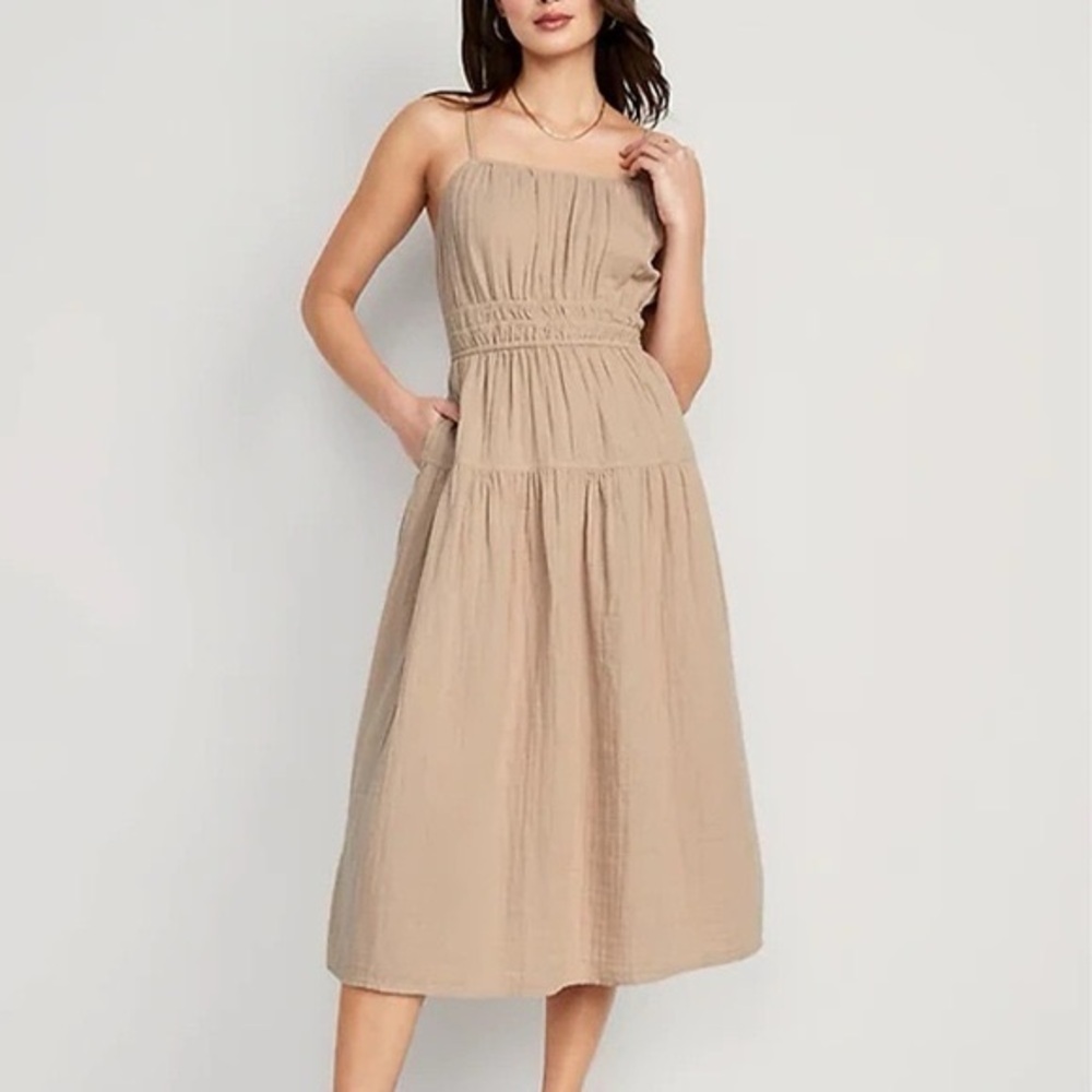 Old Navy Waist Defined Tiered Smocked Midi Dress Beige XL